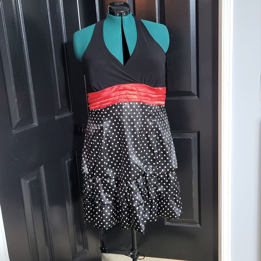 Taboo plus size Halter cocktail prom dress black white polka dot 1X